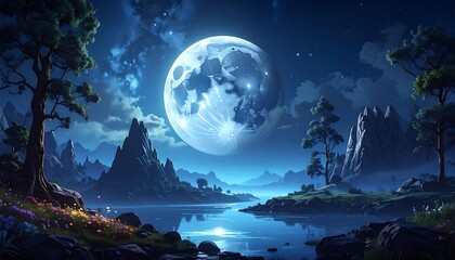 Serene night scene with a huge moon over a body of water
