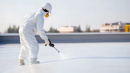 Obraz premium Rooftop Waterproofing: Worker applies sealant with spray gun, ensuring weather protection and energy efficiency with a white protective layer.