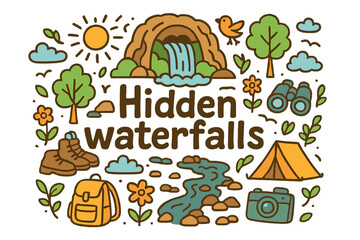 Fototapeta premium Hidden Waterfalls Adventure. Hidden waterfalls. Hand-drawn doodle illustration of Hidden waterfalls. waterfall