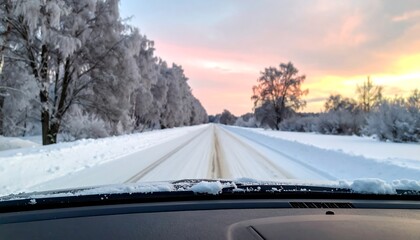 View from a vehicle's dashboard looking down a snowy, icy road at sunrise