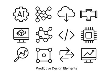 Fototapeta premium Predictive Icon Set. Predictive Design Elements. Line outline icon set of Predictive Design Elements: AI gear,