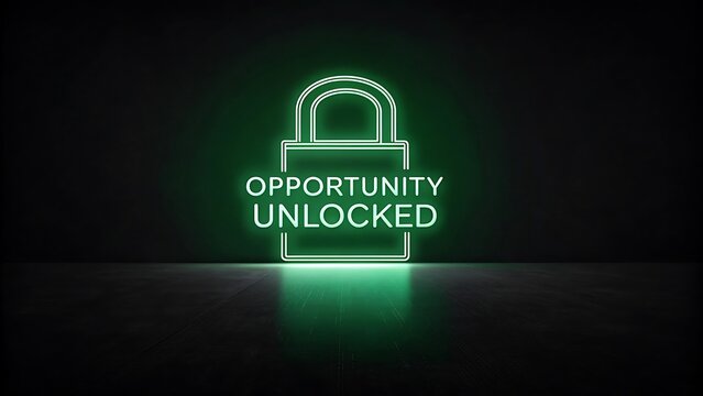 Illuminated green neon sign displaying the message opportunity unlocked, symbolizing new possibilities and career advancement