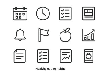 Healthy Habits Icons. Healthy eating habits. Line outline icon set of Healthy eating habits: calendar, clock,