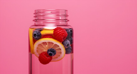 Close-up of a sweet red strawberry jam in a glass jar, isolated on white