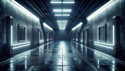 Dark, industrial hallway with vibrant neon lights and reflective floor.