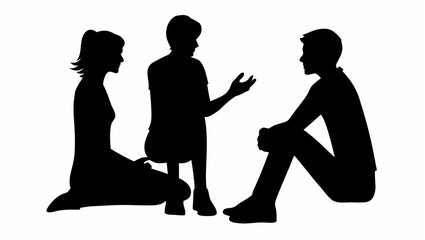 Silhouette illustration of three people engaged in a conversation or discussion in an indoor setting