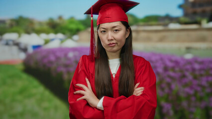 Woman in red graduation gown with arms crossed in a park outdoor setting, expressing displeasure,...