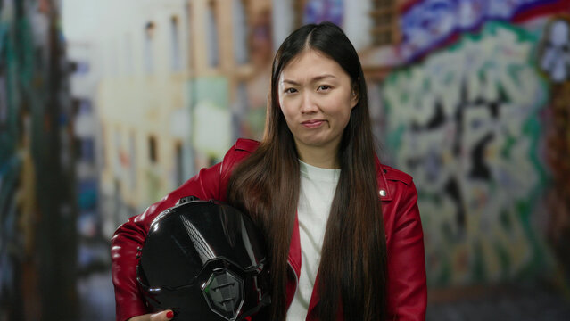 Woman in red jacket holding helmet on urban street with graffiti background, showcasing confident asian style and modern city life.