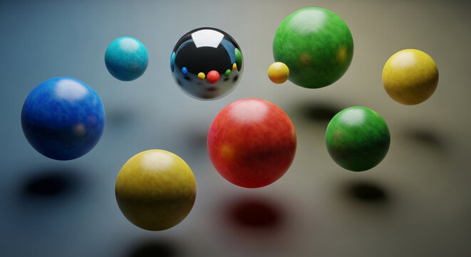 A vibrant collection of colorful spheres suspended in midair, creating a playful and dynamic composition with a mix of textures and reflections