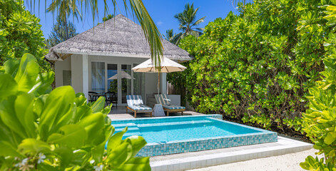 Fantastic private beach villa pool sun beds umbrella palm trees sunny blue sky love couple getaway exotic travel summer holiday destination tropical paradise ocean horizon relaxing resort background