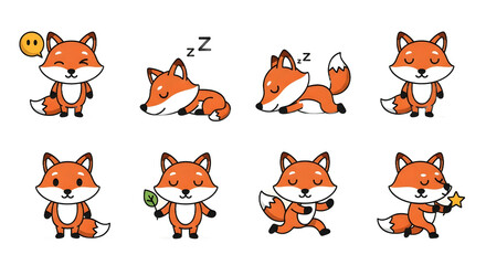 Fototapeta premium Cute cartoon fox icon set, hand-drawn style, showing playful poses and emotions. Ideal for children's designs, forest themes, and engaging digital graphics