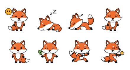 Cute cartoon fox icon set, hand-drawn style, showing playful poses and emotions. Ideal for children's designs, forest themes, and engaging digital graphics