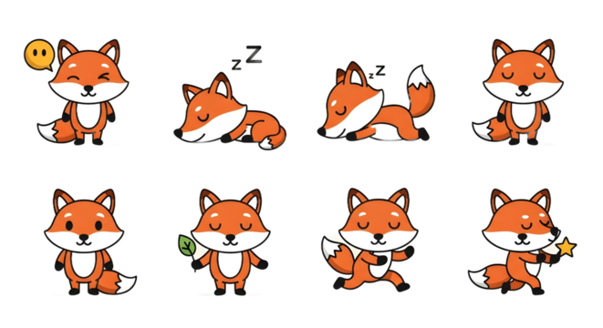 Cute cartoon fox icon set, hand-drawn style, showing playful poses and emotions. Ideal for children's designs, forest themes, and engaging digital graphics