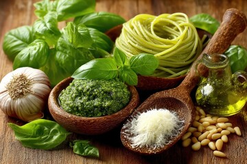 Obraz premium Gourmet culinary ingredients including fresh basil, homemade pesto, artisanal olive oil, garlic bulbs, and pine nuts presented beautifully on a rustic wooden surface with an emphasis on vibrant