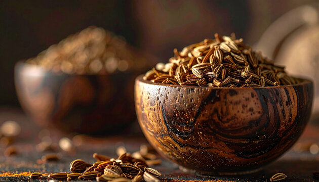 Close-up of cumin seeds in a wooden bowl