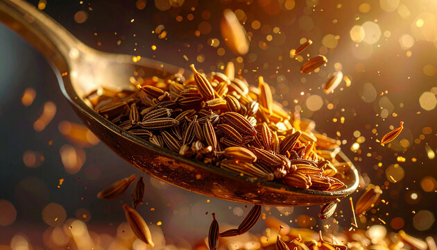 Vibrant cumin seeds soaring from a spoon in golden light