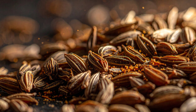Macro shot of a pile of cumin seeds placed against a dark background