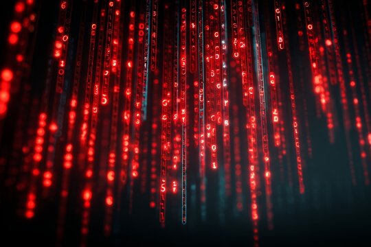 Red digital code rain matrix concept with raining binary numbers.
