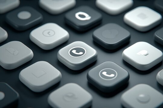 3d render of mobile app icons with communication and social symbols.