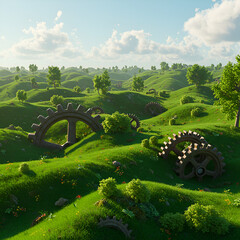 Old farm mill wheels spin among green rice fields by a river in the rural Vietnam landscape