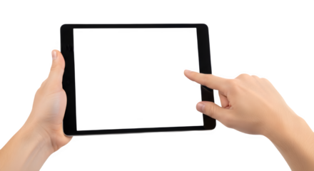 Person's hands holding digital tablet with blank white screen isolated on white background