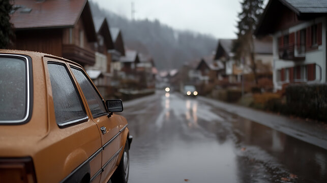 Vintage car parked on a rain-slicked street in a quaint village, adding a touch of nostalgia to the serene, overcast day.