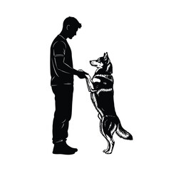 Silhouette of a man holding paws with a wolf like dog standing on its hind legs happily