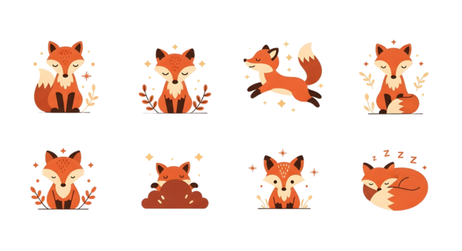 A delightful collection of adorable cartoon fox mascots in diverse poses, featuring charming flat design illustrations perfect for animal-themed projects and digital media