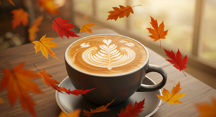 A warm cup of coffee or cappuccino on a table with autumn leaves is the perfect hot drink for breakfast or a cafe beverage
