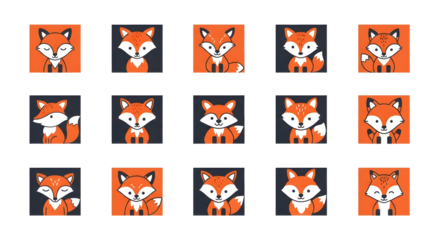 Adorable minimalist fox icon collection in vector art, featuring cute foxy characters suitable for digital branding, apps, and charming graphic design elements