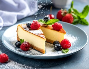 Slices of cheesecake dusted with powdered sugar