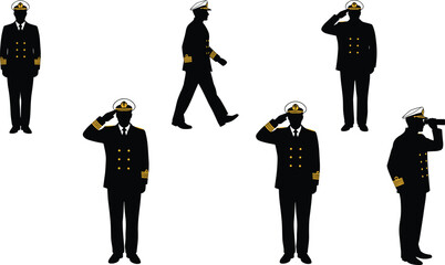 Flat vector naval officer silhouettes, military captain uniform poses, maritime crew illustration, sailor profession icons, isolated black figures, formal design set