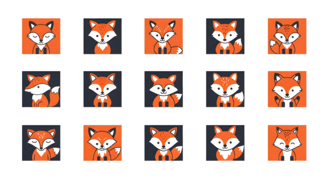 Adorable minimalist fox icon collection in vector art, featuring cute foxy characters suitable for digital branding, apps, and charming graphic design elements