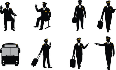 Pilot silhouette, airline captain, flight crew, holding suitcase, waving pilot, pointing gesture, aviation staff, travel service, professional job, illustration
