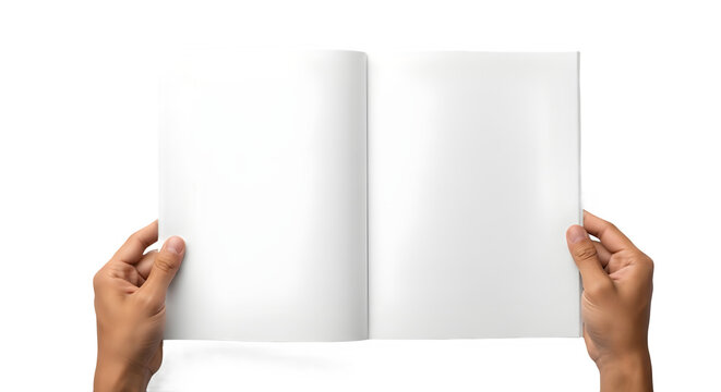 Hands holding open blank magazine booklet mockup isolated on white background