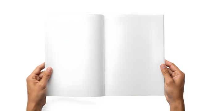 Hands holding open blank magazine booklet mockup isolated on white background