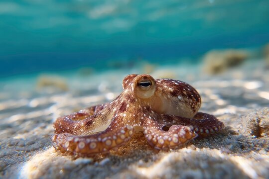 Octopus with brown mottled skin rests on sand with a sea background
