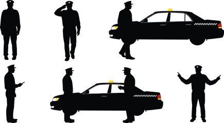 Police officer silhouette, law enforcement, patrol car, saluting officer, pointing gesture, police staff, security service, uniform worker, professional job, illustration