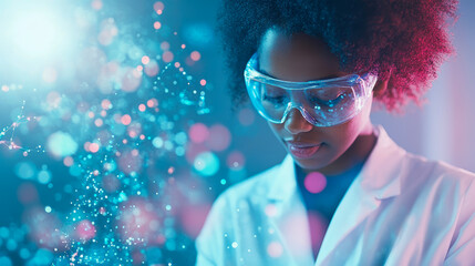Pioneering discovery: Young African American scientist in safety goggles immersed in vibrant, data-rich technological lab environment, surrounded by glowing blue and pink digital particles