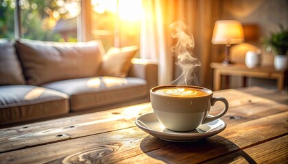 Steaming latte art on rustic wood table, golden light, cozy home atmosphere.