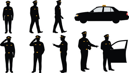 Taxi driver silhouette, chauffeur with car, uniform worker, holding phone, opening door, pointing gesture, transport service, cab driver, professional job, illustration