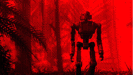 Dark robot silhouette in red jungle. Retro halftone sci-fi poster with futuristic robot invasion, bitmap texture, cyberpunk dystopia design, surreal vintage retrofuturism art concept