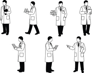Scientist, doctor, lab coat, medical professional, healthcare worker, laboratory research, clinical study, data analysis, teamwork collaboration, modern medicine, silhouette illustration