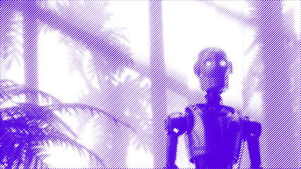 Futuristic robot in tropical jungle with glowing eyes. Retro halftone sci-fi poster in purple neon tones, surreal cyberpunk robot design, bitmap texture and vintage retrofuturism art concept