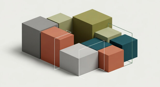 Isometric arrangement of colorful geometric shapes, including cubes, creating a playful and modern composition isolated on white background