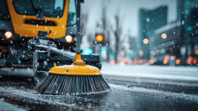 Snowplow clearing snow from city street during winter.