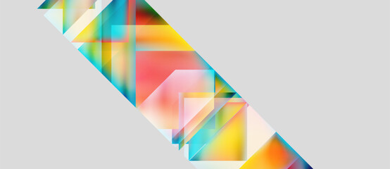 Abstract geometric shapes overlap, creating vibrant color blends. Diagonal composition dominates, with soft gradients, light tones.