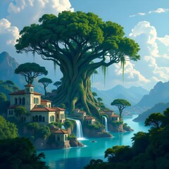 Majestic Fantasy Tree Village by the Lake with Waterfalls and Mountains, Generated AI
