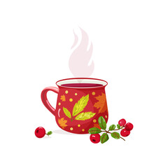 Autumn red mug with a cranberry sprig. Vector autumn illustration with leaves and cranberries isolated on white background. Perfect for food design, healthy style, print, cards, invitations, menu
