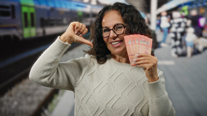 Middle-aged woman gesturing thumbs-up holding malaysian ringgit banknotes at a busy train station...